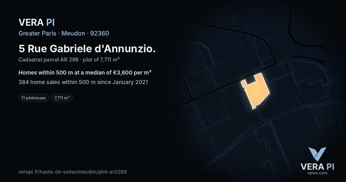 5 Rue Gabriele d'Annunzio, Meudon at night – the plot lit, the parcels around coloured by the prices near them