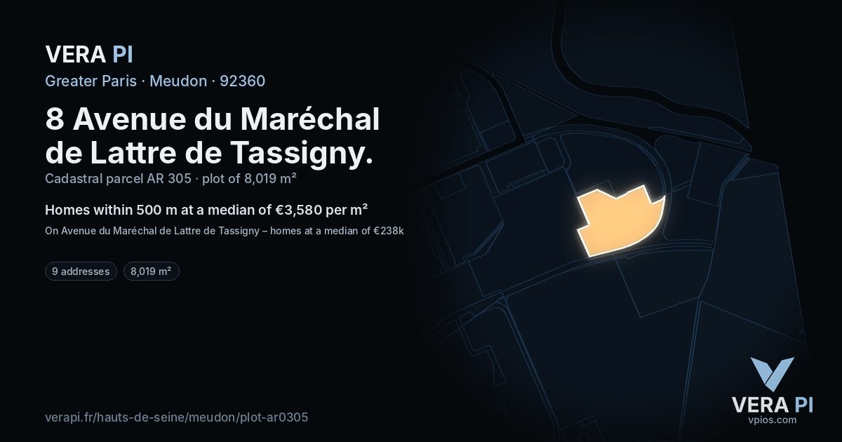 8 Avenue du Maréchal de Lattre de Tassigny, Meudon at night – the plot lit, the parcels around coloured by the prices near them
