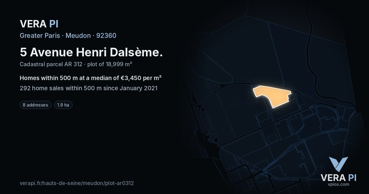 5 Avenue Henri Dalsème, Meudon at night – the plot lit, the parcels around coloured by the prices near them