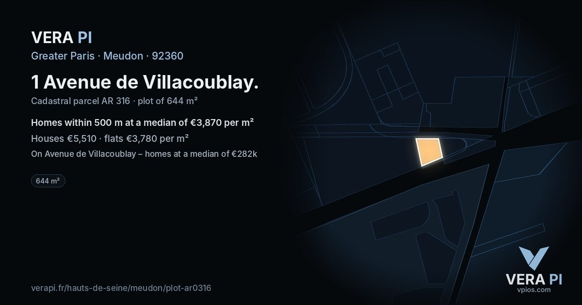 1 Avenue de Villacoublay, Meudon at night – the plot lit, the parcels around coloured by the prices near them