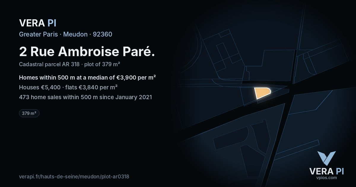 2 Rue Ambroise Paré, Meudon at night – the plot lit, the parcels around coloured by the prices near them