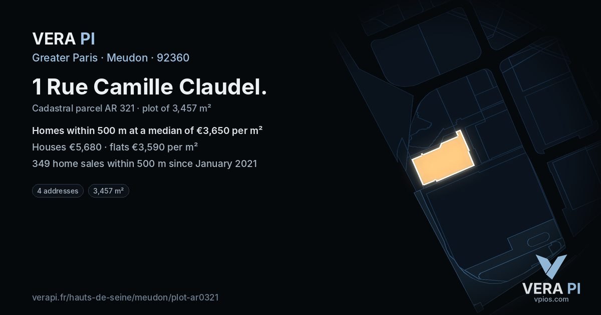 1 Rue Camille Claudel, Meudon at night – the plot lit, the parcels around coloured by the prices near them
