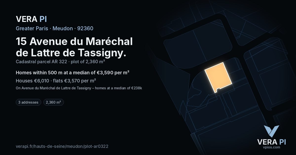 15 Avenue du Maréchal de Lattre de Tassigny, Meudon at night – the plot lit, the parcels around coloured by the prices near them