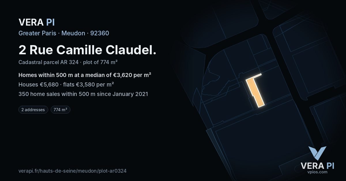 2 Rue Camille Claudel, Meudon at night – the plot lit, the parcels around coloured by the prices near them