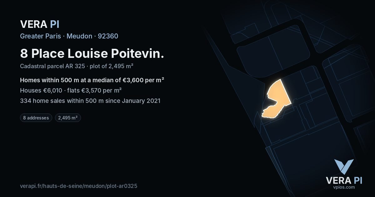 8 Place Louise Poitevin, Meudon at night – the plot lit, the parcels around coloured by the prices near them