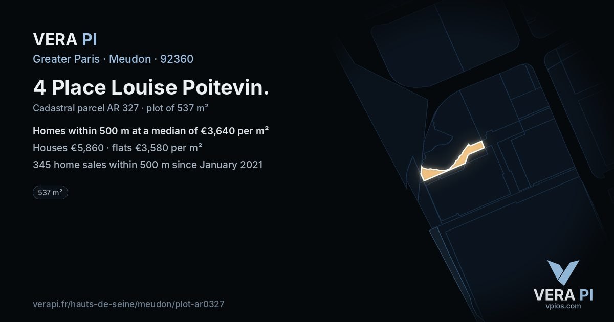 4 Place Louise Poitevin, Meudon at night – the plot lit, the parcels around coloured by the prices near them