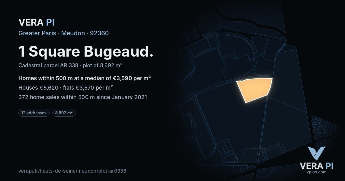 1 Square Bugeaud, Meudon at night – the plot lit, the parcels around coloured by the prices near them
