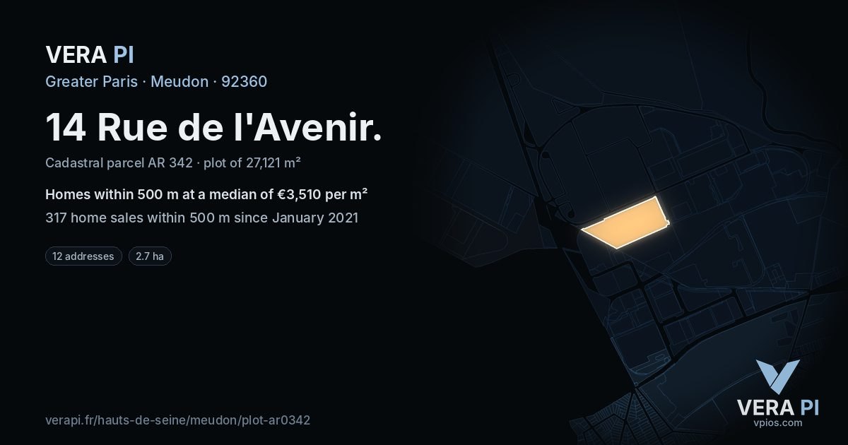 14 Rue de l'Avenir, Meudon at night – the plot lit, the parcels around coloured by the prices near them