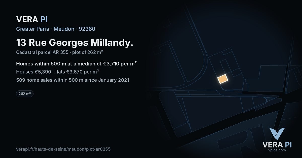 13 Rue Georges Millandy, Meudon at night – the plot lit, the parcels around coloured by the prices near them