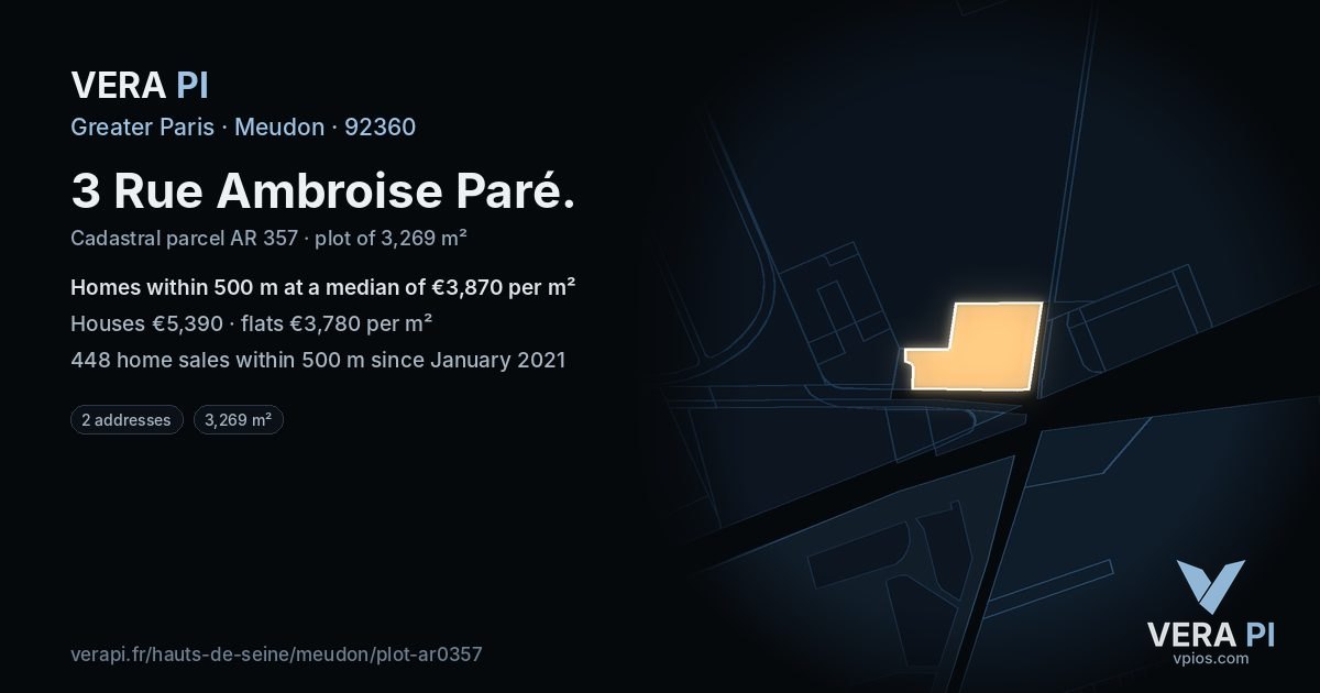 3 Rue Ambroise Paré, Meudon at night – the plot lit, the parcels around coloured by the prices near them