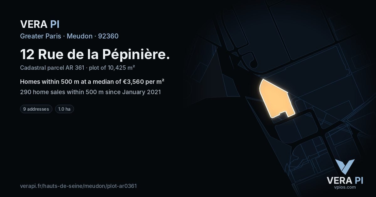 12 Rue de la Pépinière, Meudon at night – the plot lit, the parcels around coloured by the prices near them