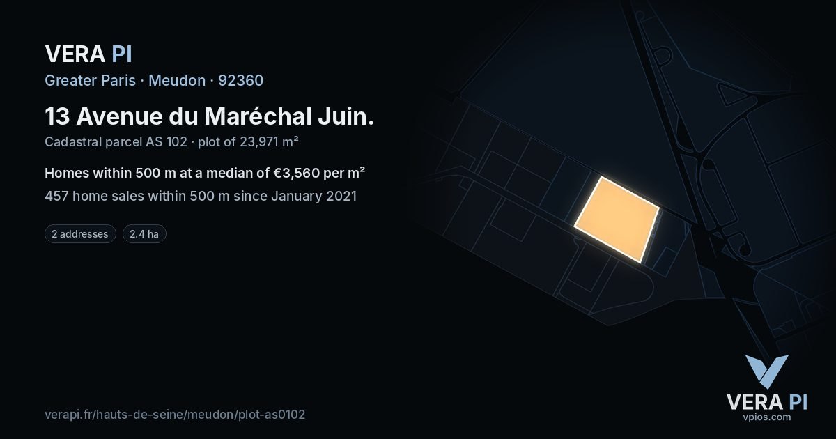 13 Avenue du Maréchal Juin, Meudon at night – the plot lit, the parcels around coloured by the prices near them