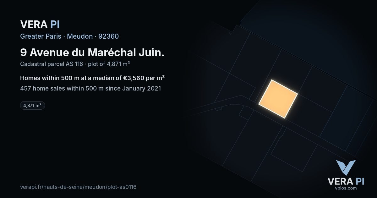 9 Avenue du Maréchal Juin, Meudon at night – the plot lit, the parcels around coloured by the prices near them