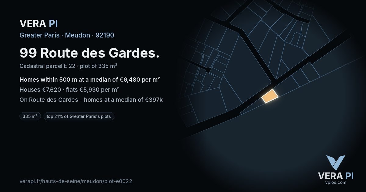 99 Route des Gardes, Meudon at night – the plot lit, the parcels around coloured by the prices near them