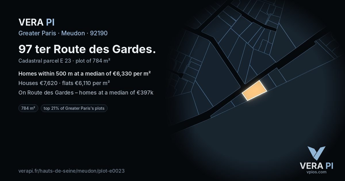 97 ter Route des Gardes, Meudon at night – the plot lit, the parcels around coloured by the prices near them