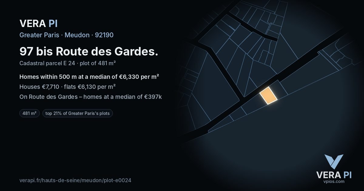97 bis Route des Gardes, Meudon at night – the plot lit, the parcels around coloured by the prices near them