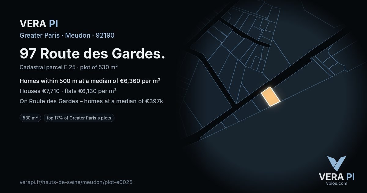 97 Route des Gardes, Meudon at night – the plot lit, the parcels around coloured by the prices near them