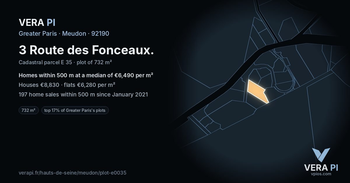 3 Route des Fonceaux, Meudon at night – the plot lit, the parcels around coloured by the prices near them