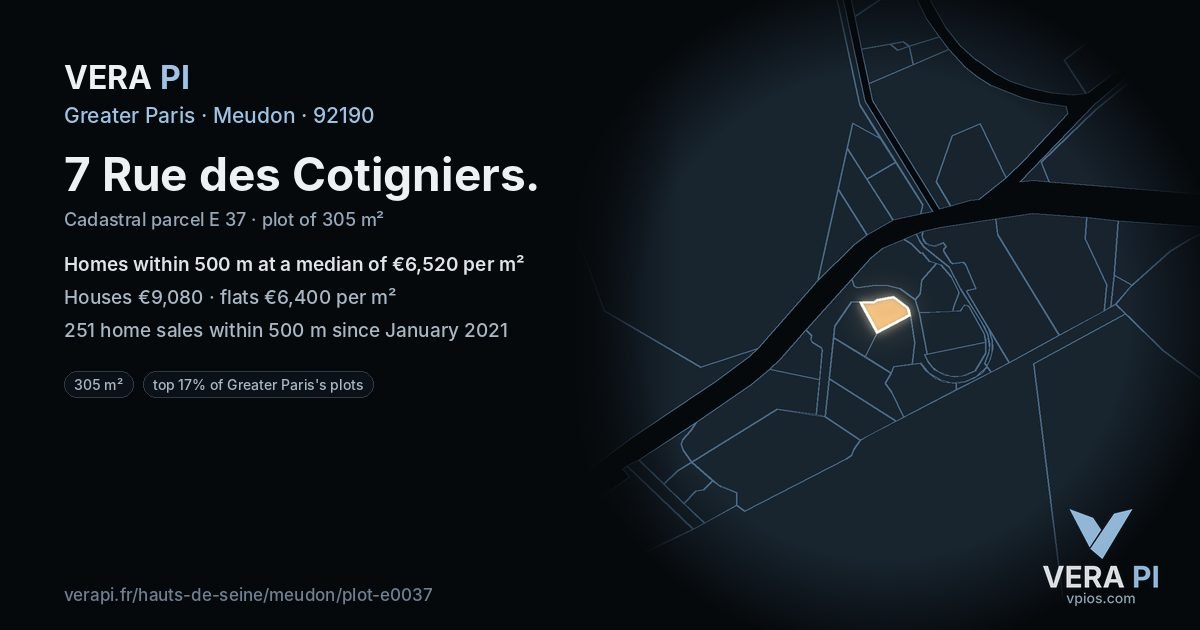7 Rue des Cotigniers, Meudon at night – the plot lit, the parcels around coloured by the prices near them