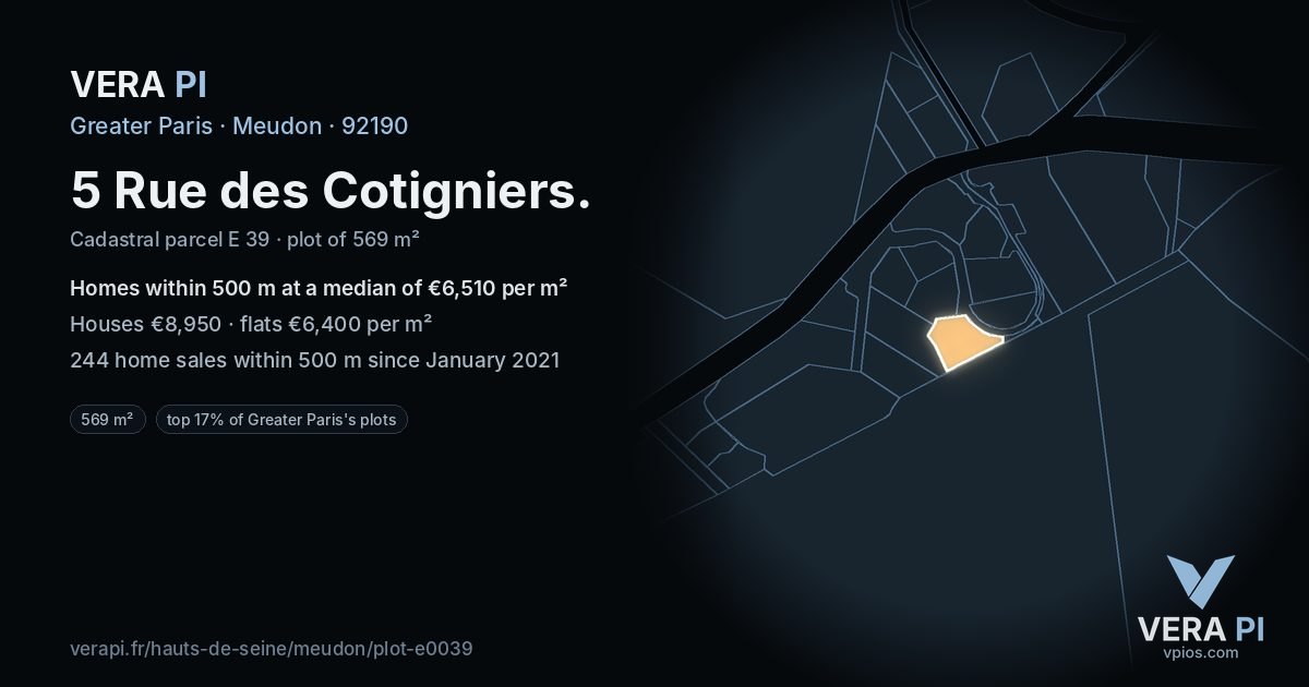 5 Rue des Cotigniers, Meudon at night – the plot lit, the parcels around coloured by the prices near them