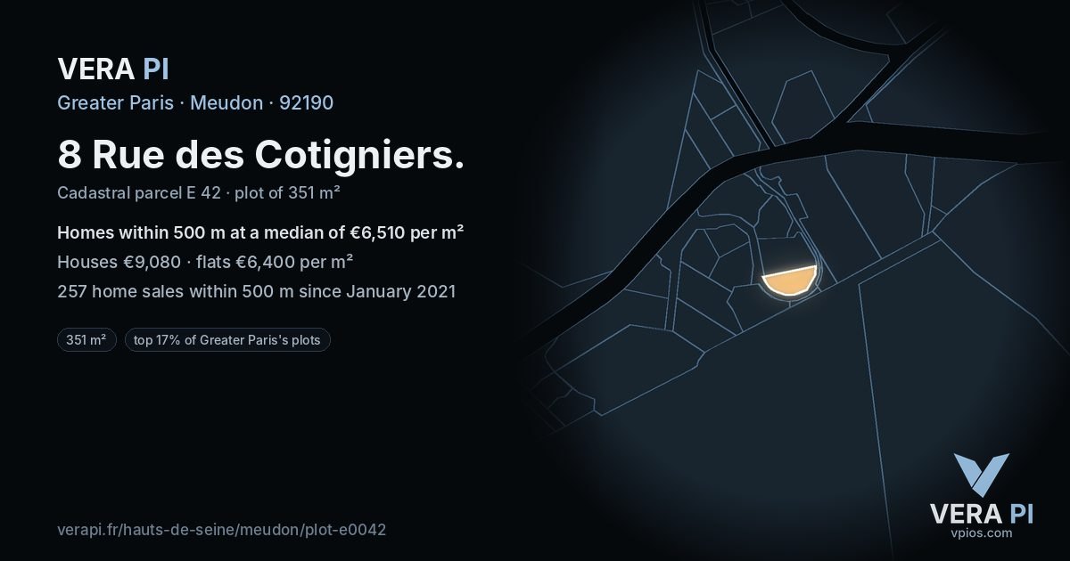 8 Rue des Cotigniers, Meudon at night – the plot lit, the parcels around coloured by the prices near them