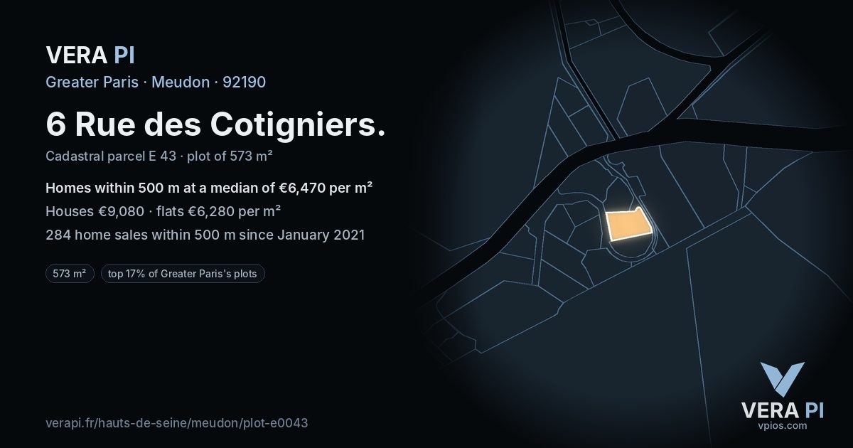 6 Rue des Cotigniers, Meudon at night – the plot lit, the parcels around coloured by the prices near them