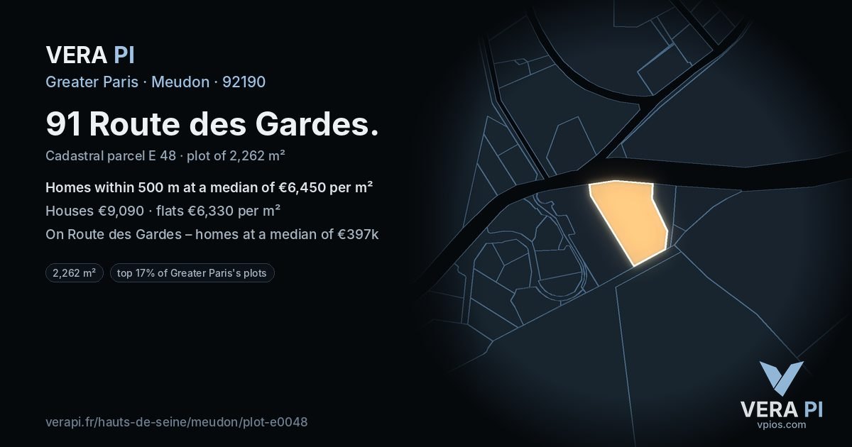 91 Route des Gardes, Meudon at night – the plot lit, the parcels around coloured by the prices near them