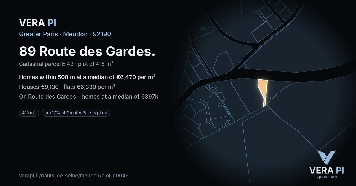 89 Route des Gardes, Meudon at night – the plot lit, the parcels around coloured by the prices near them
