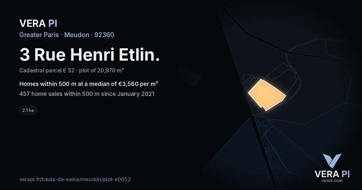 3 Rue Henri Etlin, Meudon at night – the plot lit, the parcels around coloured by the prices near them