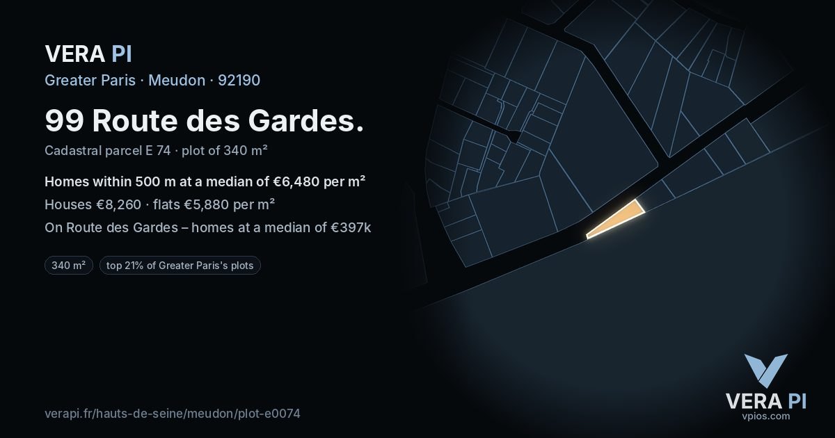 99 Route des Gardes, Meudon at night – the plot lit, the parcels around coloured by the prices near them