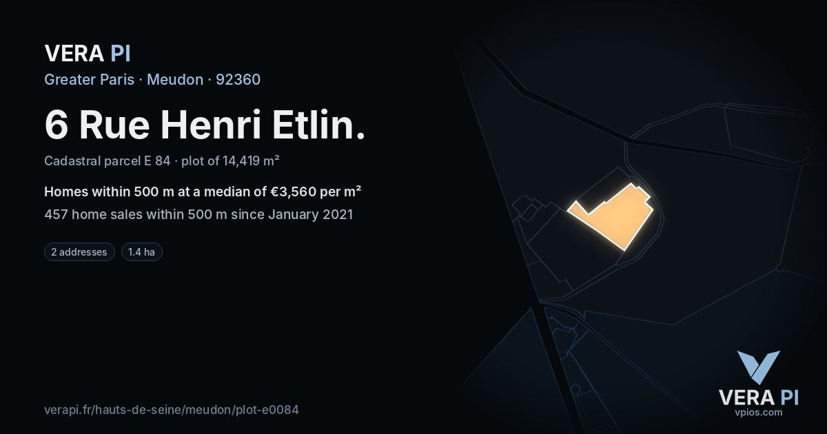 6 Rue Henri Etlin, Meudon at night – the plot lit, the parcels around coloured by the prices near them