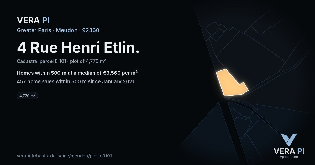 4 Rue Henri Etlin, Meudon at night – the plot lit, the parcels around coloured by the prices near them