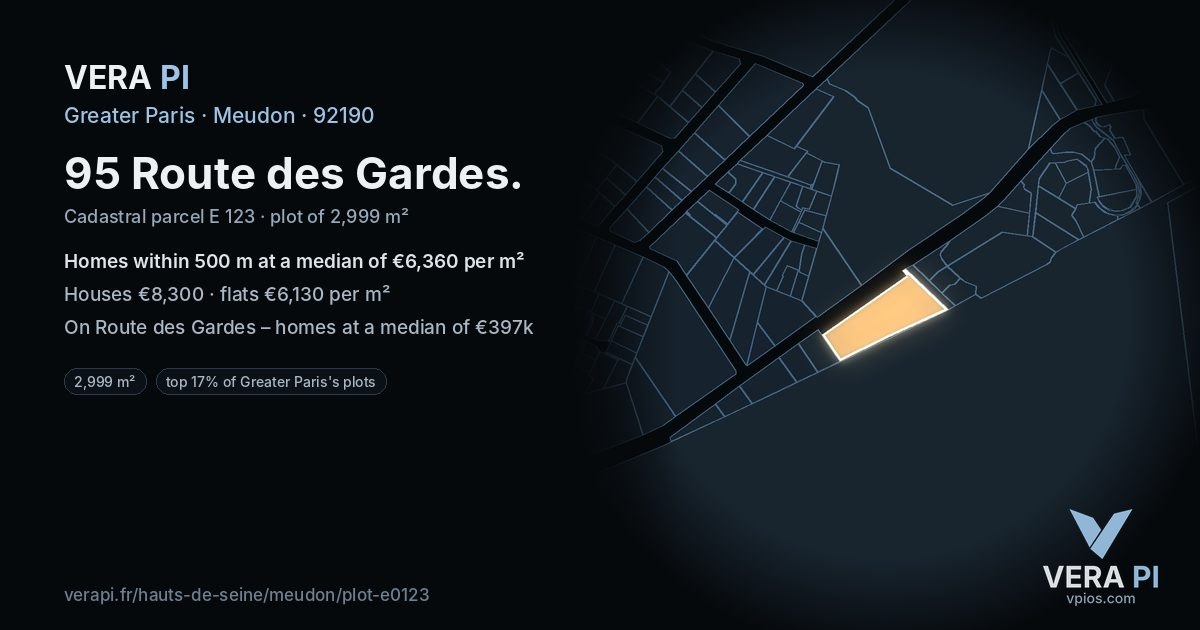 95 Route des Gardes, Meudon at night – the plot lit, the parcels around coloured by the prices near them