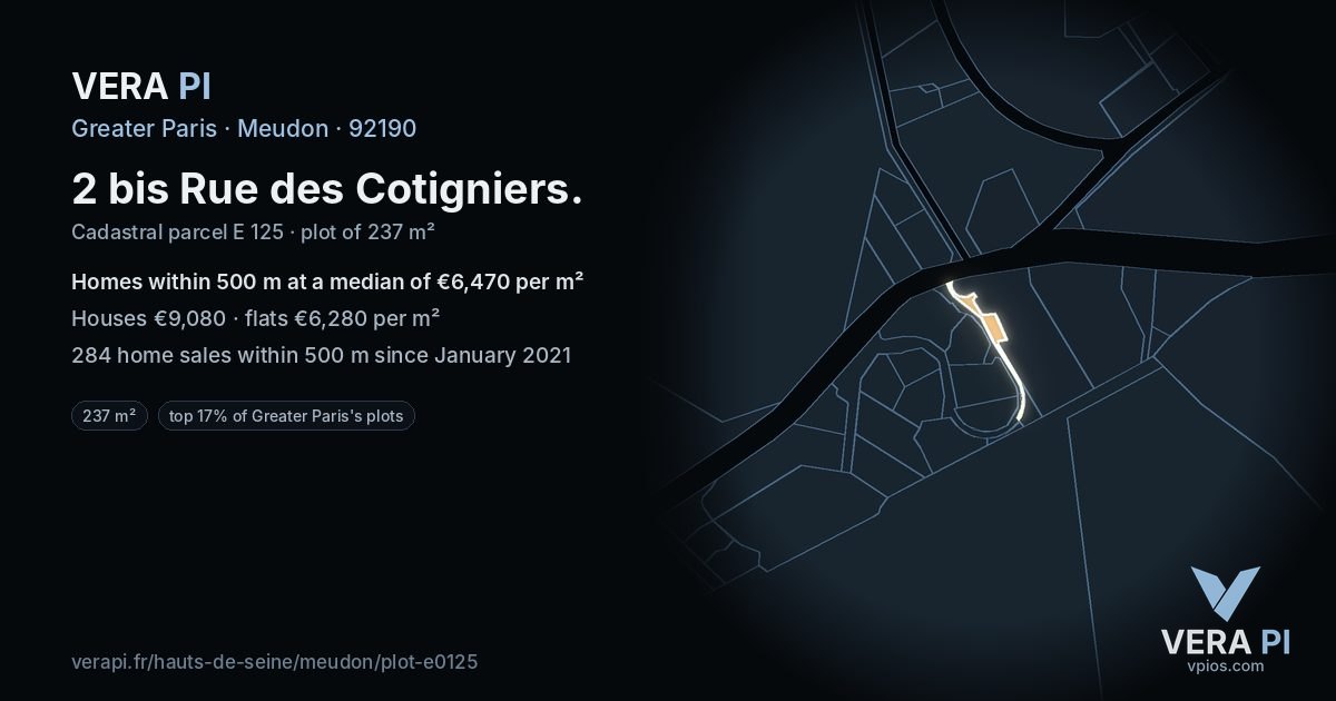 2 bis Rue des Cotigniers, Meudon at night – the plot lit, the parcels around coloured by the prices near them