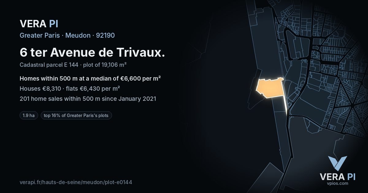 6 ter Avenue de Trivaux, Meudon at night – the plot lit, the parcels around coloured by the prices near them