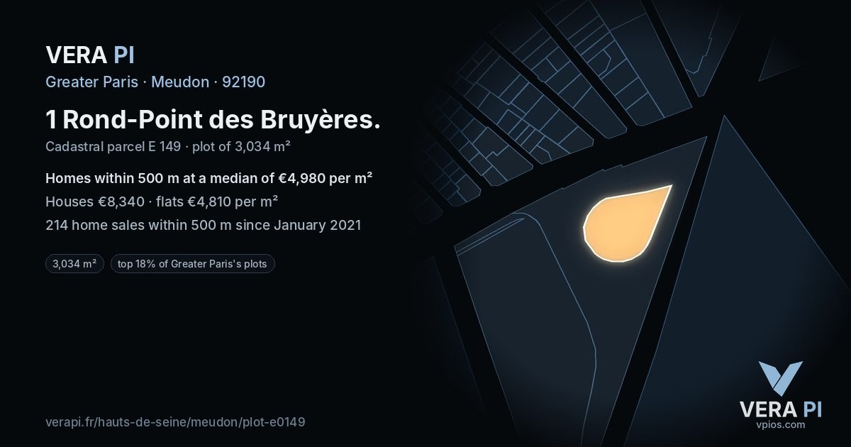 1 Rond-Point des Bruyères, Meudon at night – the plot lit, the parcels around coloured by the prices near them