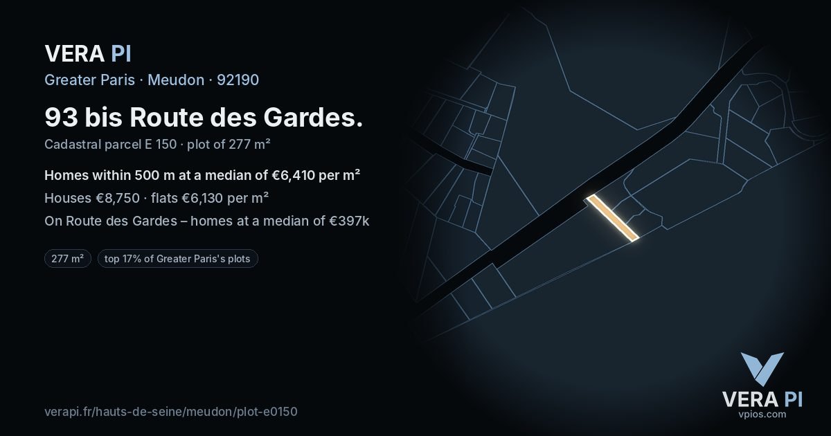 93 bis Route des Gardes, Meudon at night – the plot lit, the parcels around coloured by the prices near them