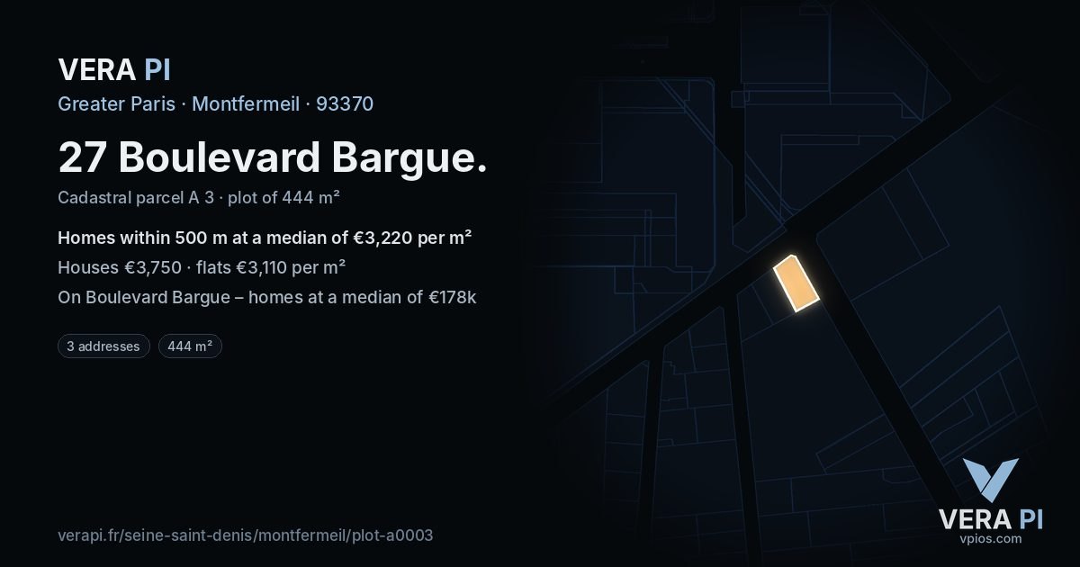 27 Boulevard Bargue, Montfermeil at night – the plot lit, the parcels around coloured by the prices near them