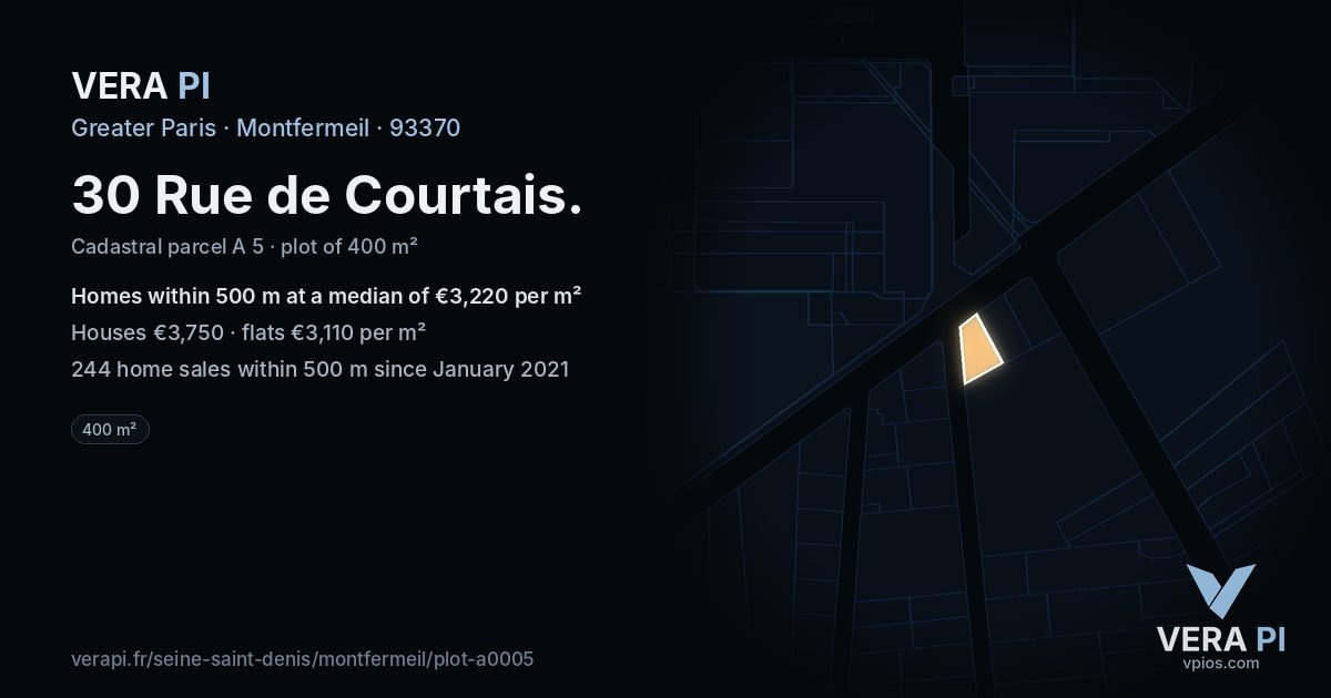 30 Rue de Courtais, Montfermeil at night – the plot lit, the parcels around coloured by the prices near them
