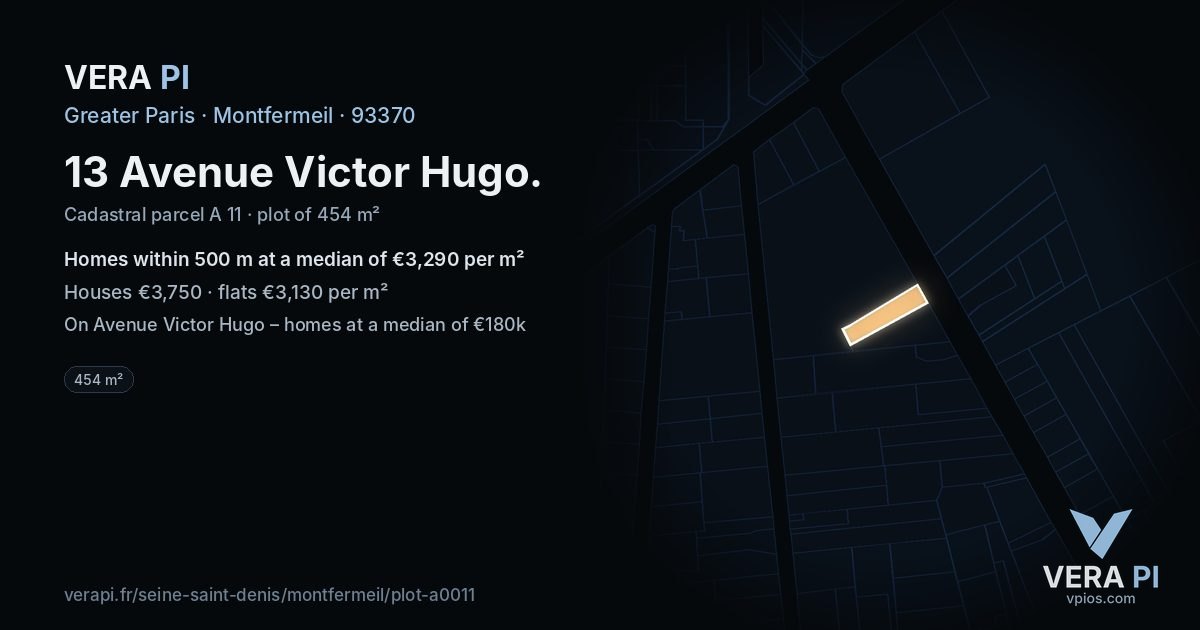 13 Avenue Victor Hugo, Montfermeil at night – the plot lit, the parcels around coloured by the prices near them