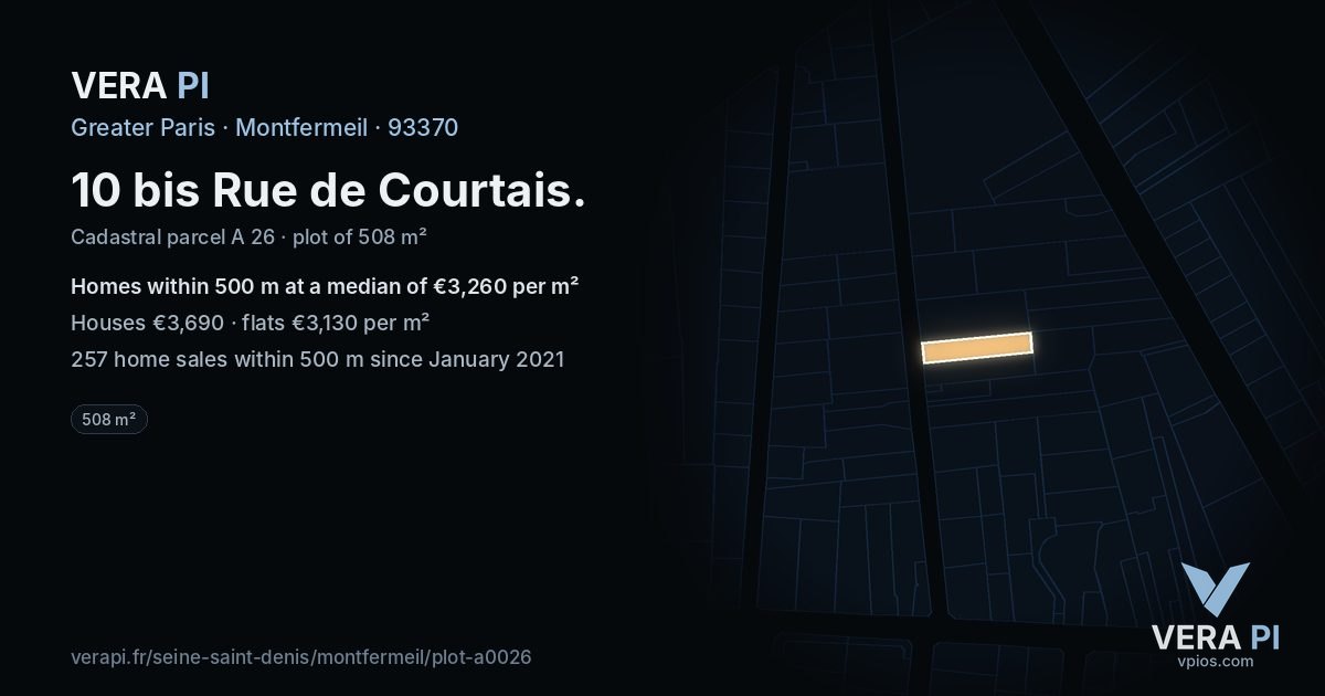 10 bis Rue de Courtais, Montfermeil at night – the plot lit, the parcels around coloured by the prices near them