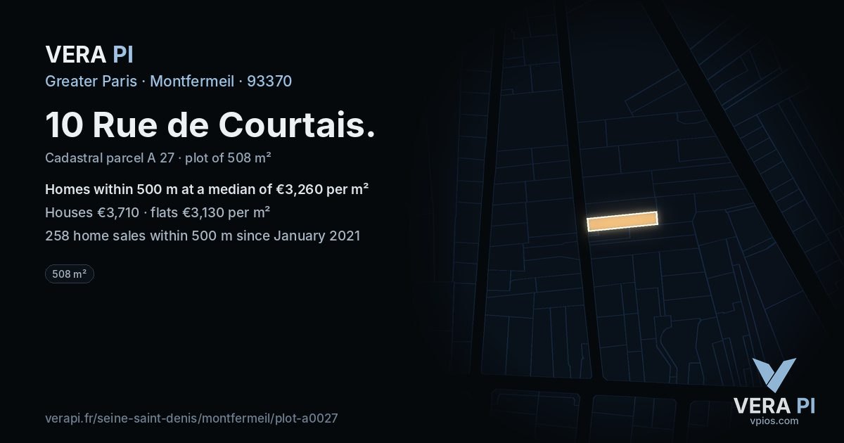10 Rue de Courtais, Montfermeil at night – the plot lit, the parcels around coloured by the prices near them