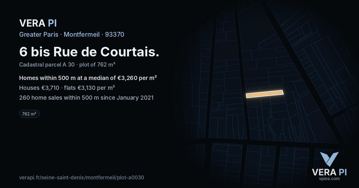 6 bis Rue de Courtais, Montfermeil at night – the plot lit, the parcels around coloured by the prices near them