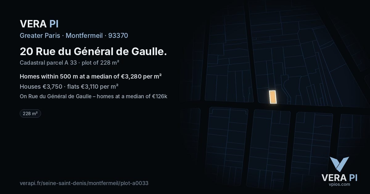 20 Rue du Général de Gaulle, Montfermeil at night – the plot lit, the parcels around coloured by the prices near them
