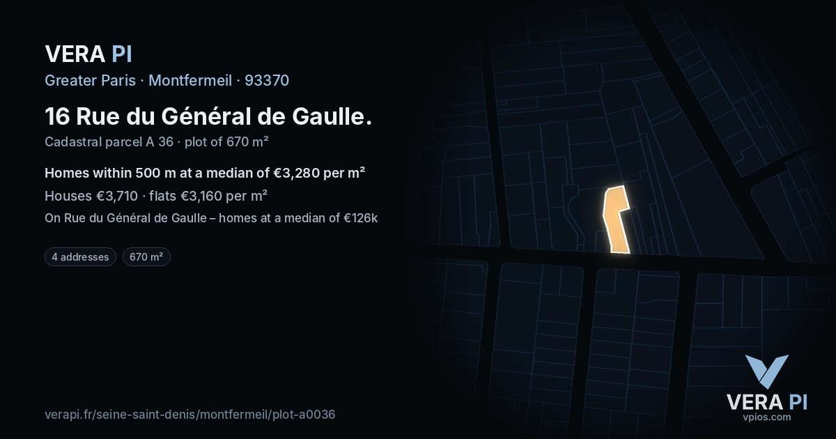 16 Rue du Général de Gaulle, Montfermeil at night – the plot lit, the parcels around coloured by the prices near them