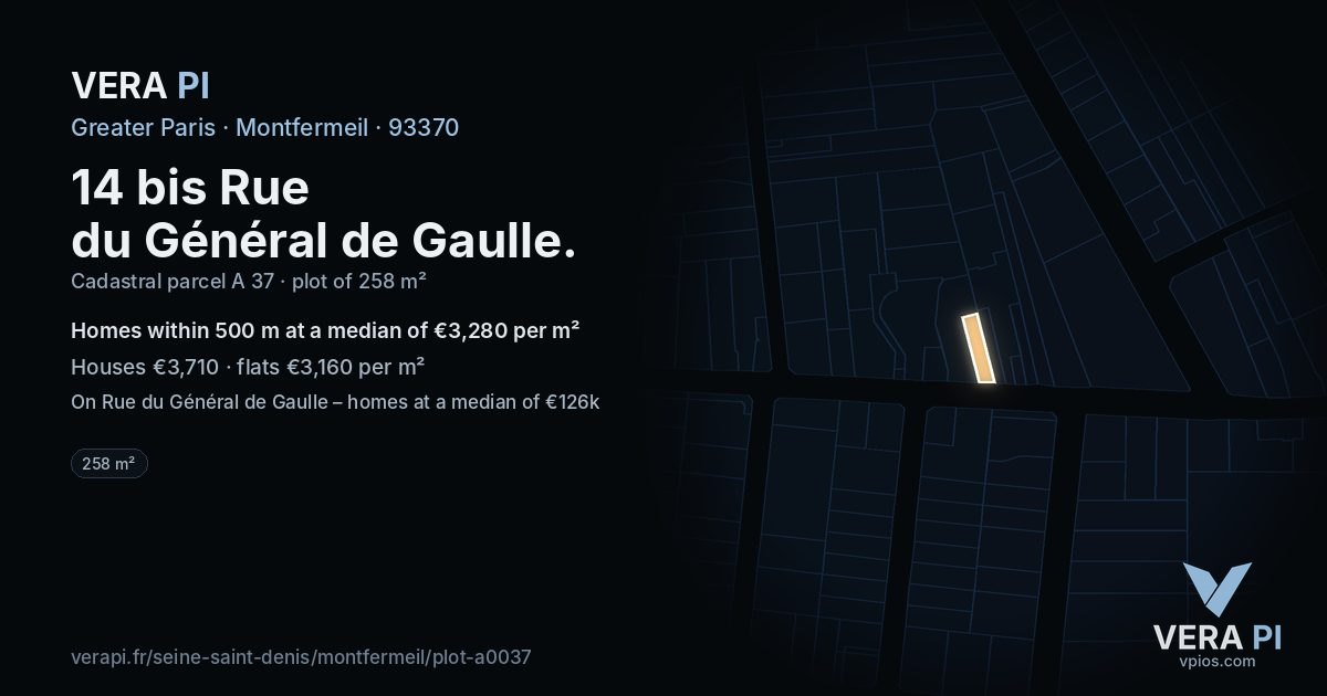 14 bis Rue du Général de Gaulle, Montfermeil at night – the plot lit, the parcels around coloured by the prices near them