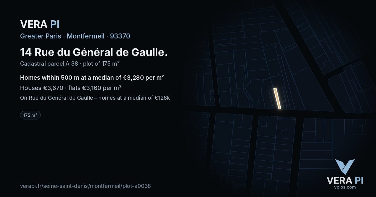 14 Rue du Général de Gaulle, Montfermeil at night – the plot lit, the parcels around coloured by the prices near them