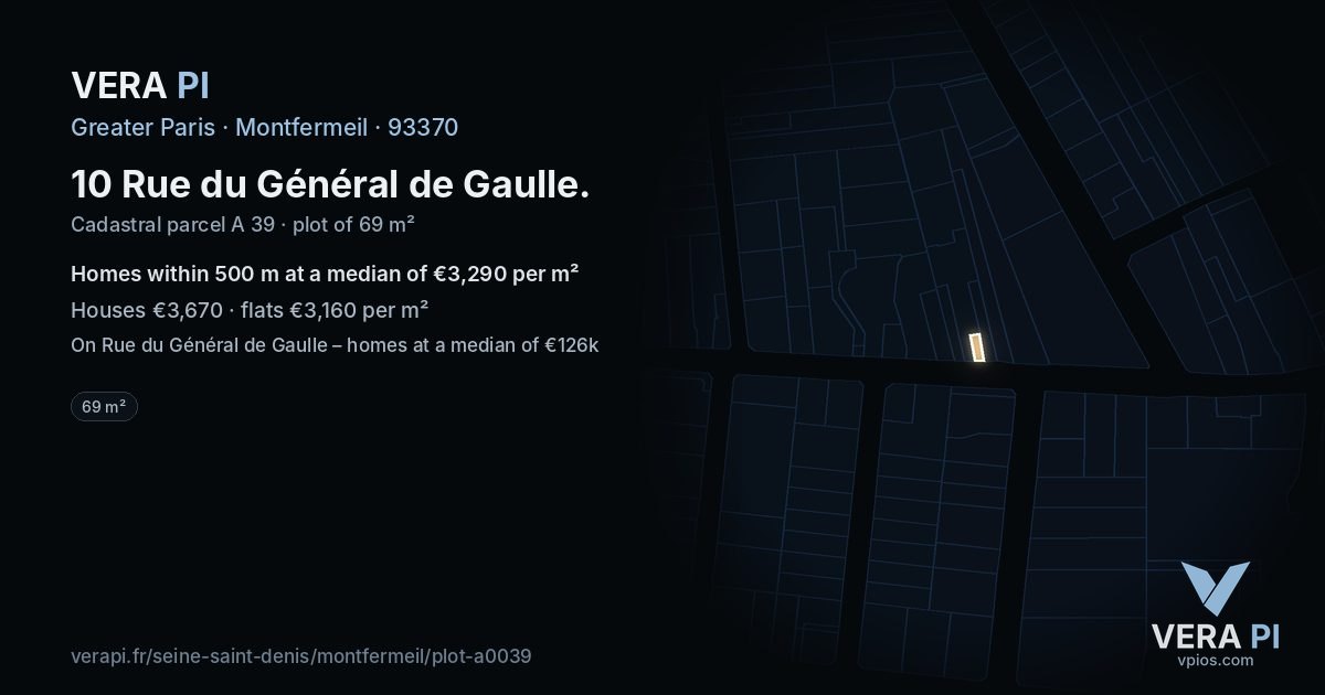 10 Rue du Général de Gaulle, Montfermeil at night – the plot lit, the parcels around coloured by the prices near them