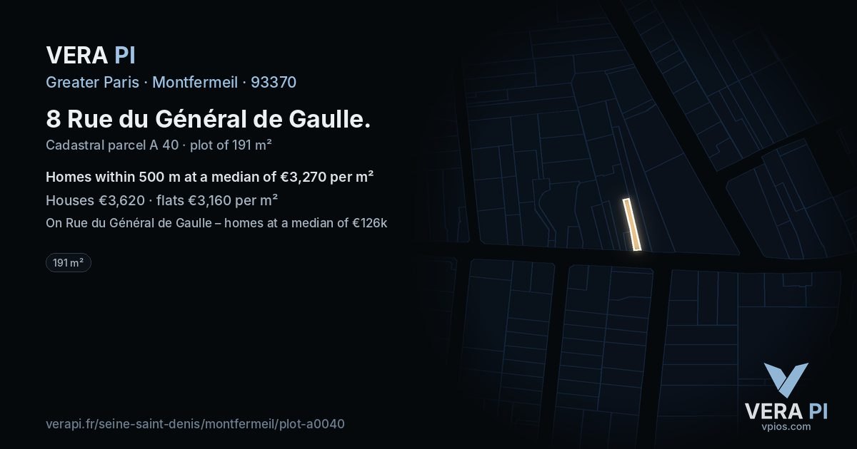 8 Rue du Général de Gaulle, Montfermeil at night – the plot lit, the parcels around coloured by the prices near them