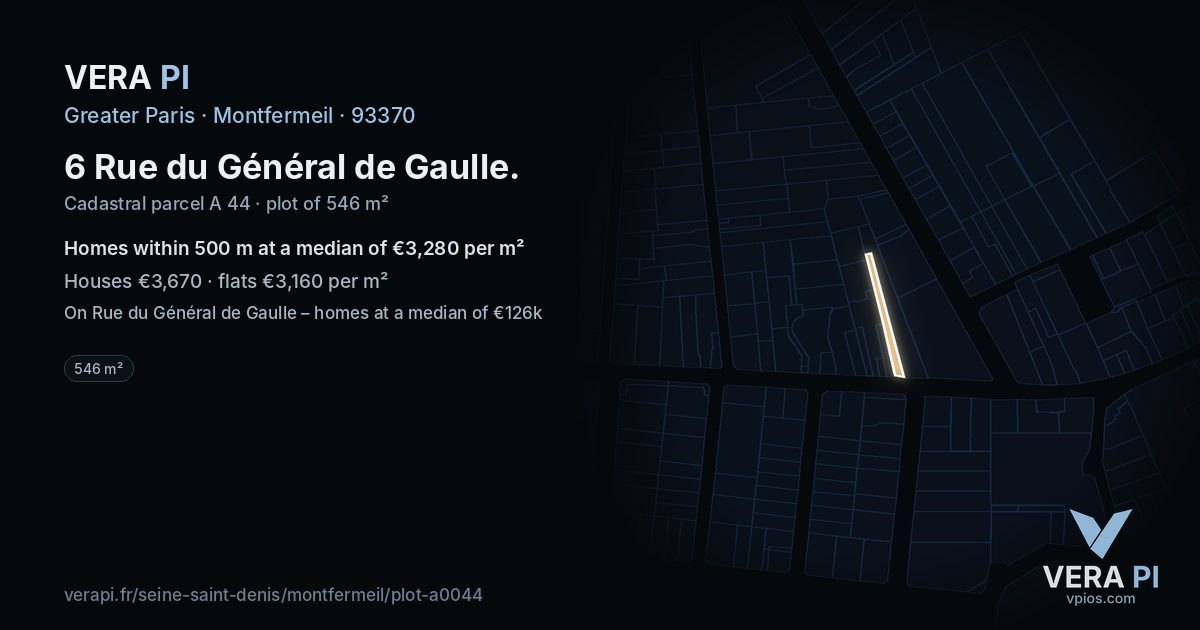 6 Rue du Général de Gaulle, Montfermeil at night – the plot lit, the parcels around coloured by the prices near them